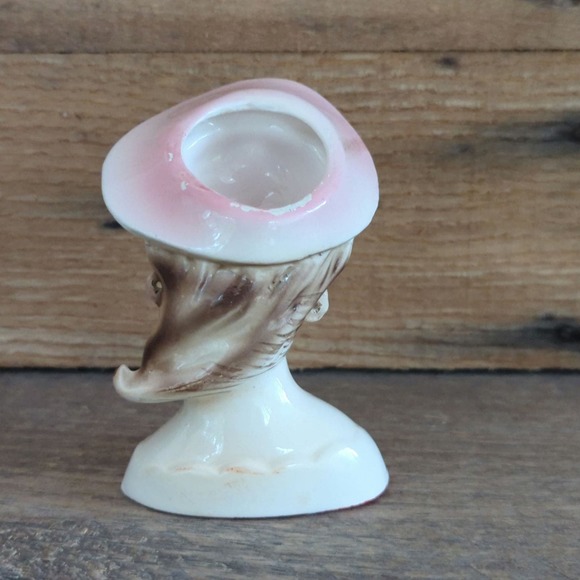 Vintage 3.5" Ceramic Lady Head Vase Once Red Dress Missing Earrings & Necklace - Picture 4 of 11